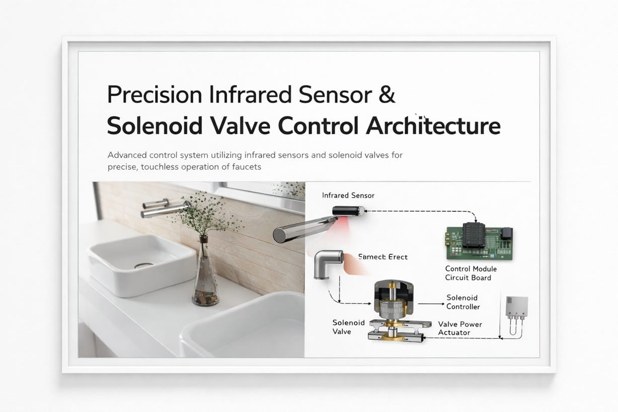 BathSelect BS1101CDP wall-mounted commercial touchless faucet with infrared proximity sensor and solenoid valve control system